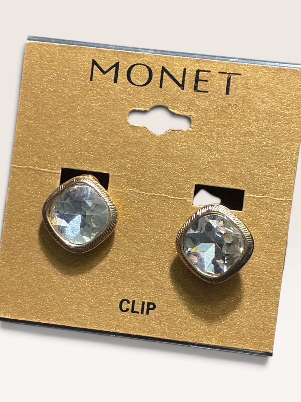 Vintage Monet Gold-Tone Clear Crystal Clip Earrings
